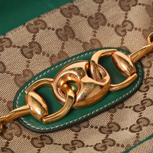 極美品 GUCCI グッチ ショルダーバッグ GGキャンバス ホースビットチェーン ゴールド金具 レザー グリーン 159402 中古 4a004504