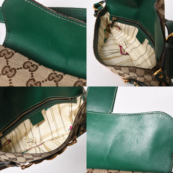極美品 GUCCI グッチ ショルダーバッグ GGキャンバス ホースビットチェーン ゴールド金具 レザー グリーン 159402 中古 4a004504