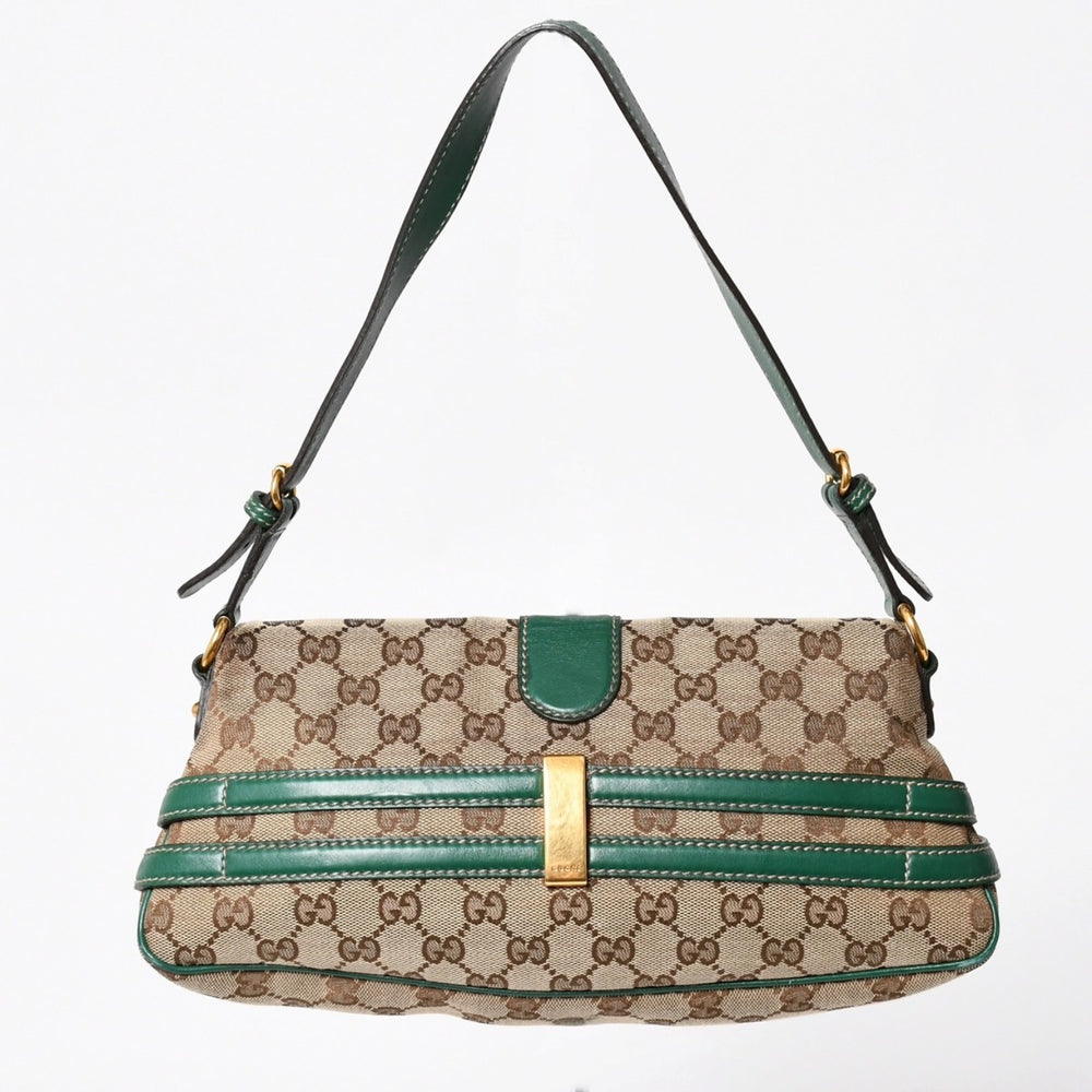 極美品 GUCCI グッチ ショルダーバッグ GGキャンバス ホースビットチェーン ゴールド金具 レザー グリーン 159402 中古 4a004504