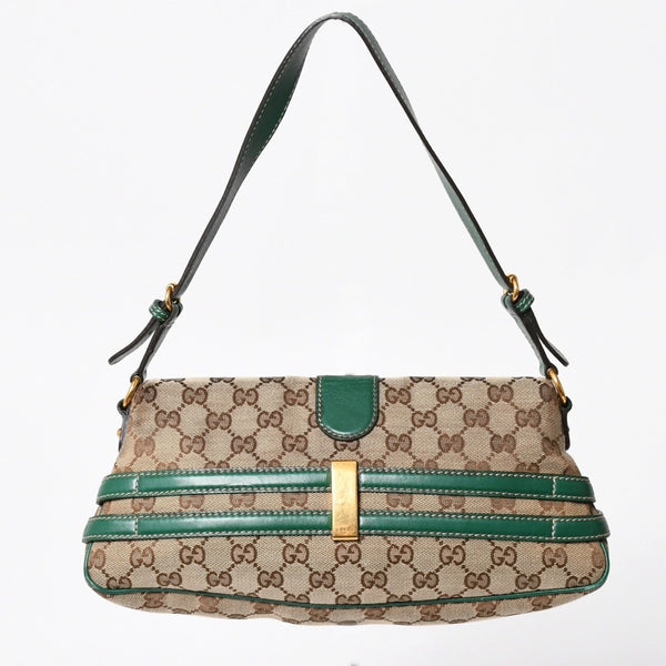 極美品 GUCCI グッチ ショルダーバッグ GGキャンバス ホースビットチェーン ゴールド金具 レザー グリーン 159402 中古 4a004504