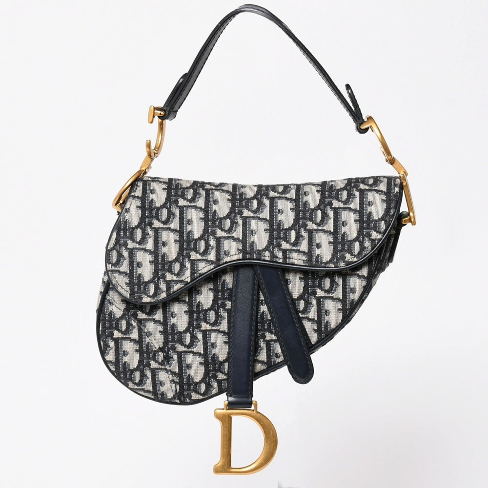 Very Good Condition Christian Dior Oblique Saddle Bag Canvas x Leather Handbag Navy Gold Hardware Used 4a004720