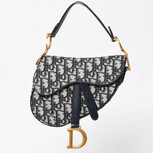 極美品 Christian Dior クリスチャンディオール オブリークサドルバッグ キャンバス×レザー ハンドバッグ ネイビー ゴールド金具 中古 4a004720