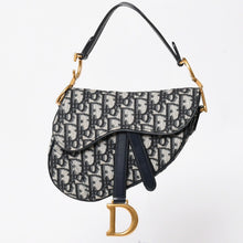 Load image into Gallery viewer, 極美品 Christian Dior クリスチャンディオール オブリークサドルバッグ キャンバス×レザー ハンドバッグ ネイビー ゴールド金具 中古 4a004720
