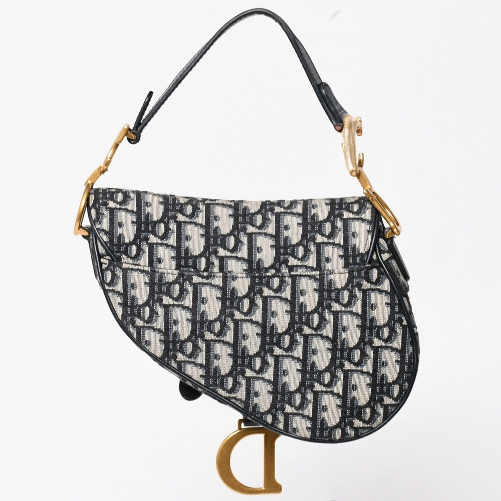 Very Good Condition Christian Dior Oblique Saddle Bag Canvas x Leather Handbag Navy Gold Hardware Used 4a004720