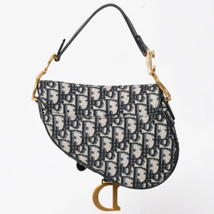 極美品 Christian Dior クリスチャンディオール オブリークサドルバッグ キャンバス×レザー ハンドバッグ ネイビー ゴールド金具 中古 4a004720