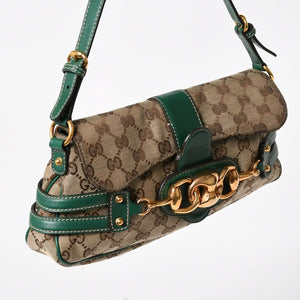 極美品 GUCCI グッチ ショルダーバッグ GGキャンバス ホースビットチェーン ゴールド金具 レザー グリーン 159402 中古 4a004504