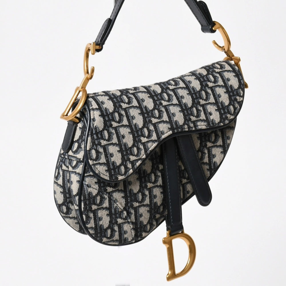 Very Good Condition Christian Dior Oblique Saddle Bag Canvas x Leather Handbag Navy Gold Hardware Used 4a004720