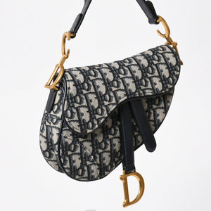 極美品 Christian Dior クリスチャンディオール オブリークサドルバッグ キャンバス×レザー ハンドバッグ ネイビー ゴールド金具 中古 4a004720