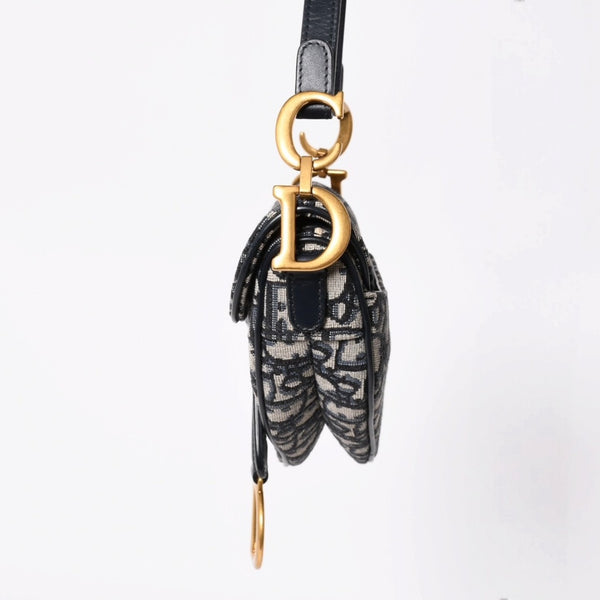 極美品 Christian Dior クリスチャンディオール オブリークサドルバッグ キャンバス×レザー ハンドバッグ ネイビー ゴールド金具 中古 4a004720