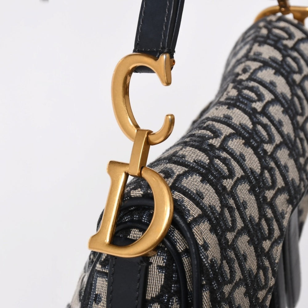 極美品 Christian Dior クリスチャンディオール オブリークサドルバッグ キャンバス×レザー ハンドバッグ ネイビー ゴールド金具 中古 4a004720