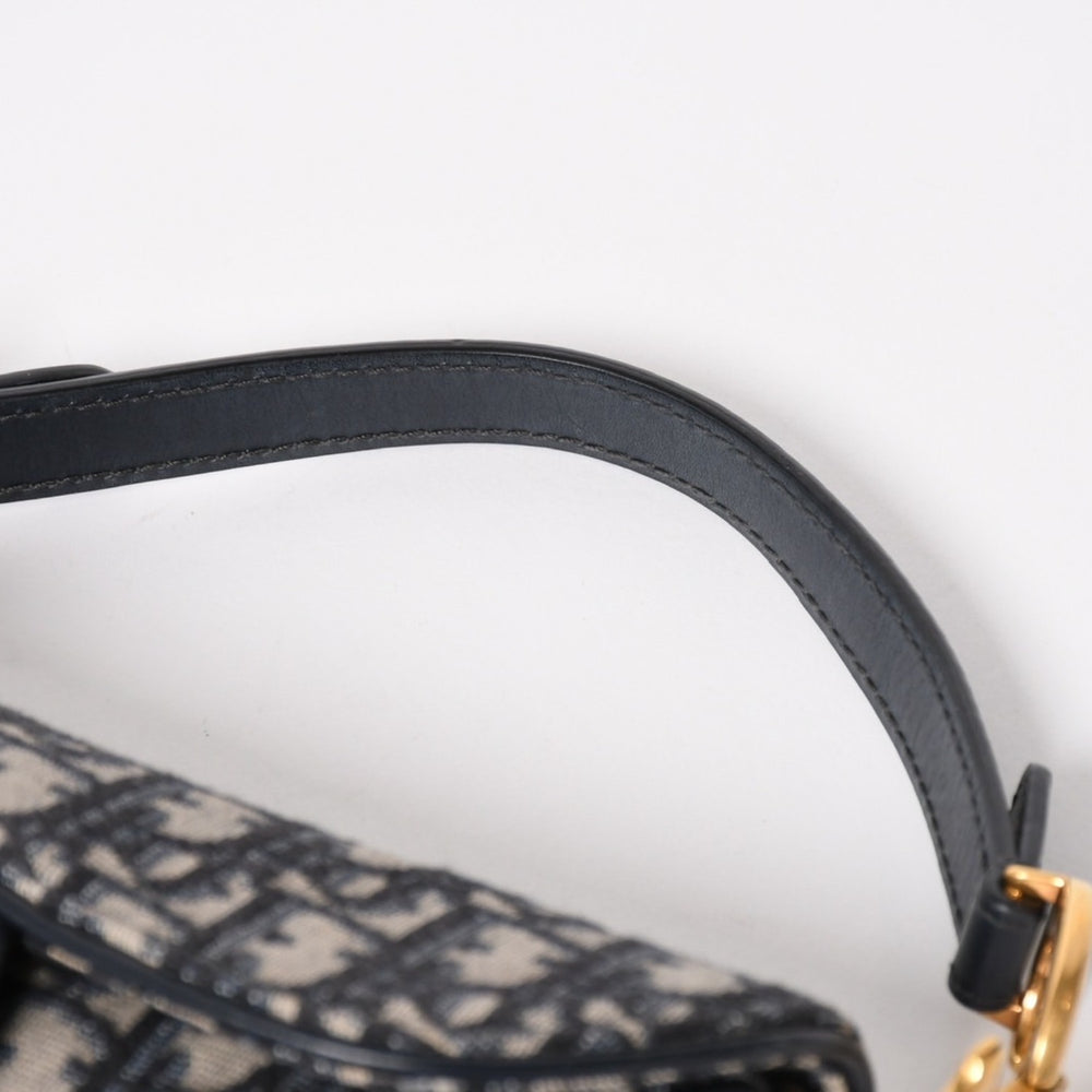 極美品 Christian Dior クリスチャンディオール オブリークサドルバッグ キャンバス×レザー ハンドバッグ ネイビー ゴールド金具 中古 4a004720