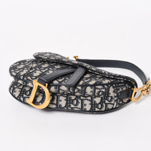 極美品 Christian Dior クリスチャンディオール オブリークサドルバッグ キャンバス×レザー ハンドバッグ ネイビー ゴールド金具 中古 4a004720