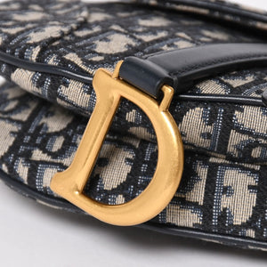 極美品 Christian Dior クリスチャンディオール オブリークサドルバッグ キャンバス×レザー ハンドバッグ ネイビー ゴールド金具 中古 4a004720