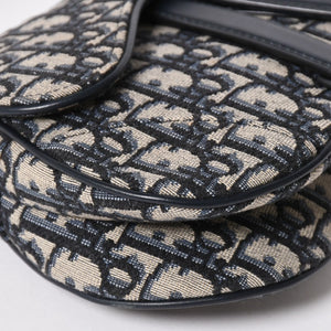 極美品 Christian Dior クリスチャンディオール オブリークサドルバッグ キャンバス×レザー ハンドバッグ ネイビー ゴールド金具 中古 4a004720