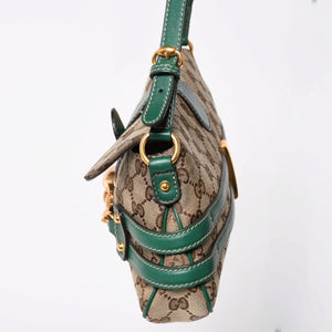 極美品 GUCCI グッチ ショルダーバッグ GGキャンバス ホースビットチェーン ゴールド金具 レザー グリーン 159402 中古 4a004504