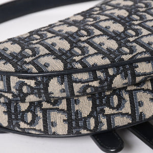 極美品 Christian Dior クリスチャンディオール オブリークサドルバッグ キャンバス×レザー ハンドバッグ ネイビー ゴールド金具 中古 4a004720