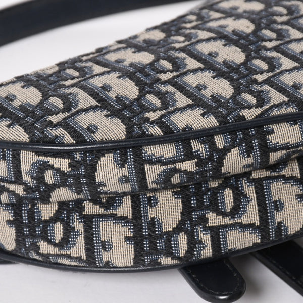 極美品 Christian Dior クリスチャンディオール オブリークサドルバッグ キャンバス×レザー ハンドバッグ ネイビー ゴールド金具 中古 4a004720