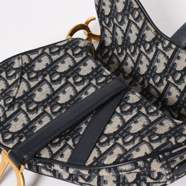 極美品 Christian Dior クリスチャンディオール オブリークサドルバッグ キャンバス×レザー ハンドバッグ ネイビー ゴールド金具 中古 4a004720