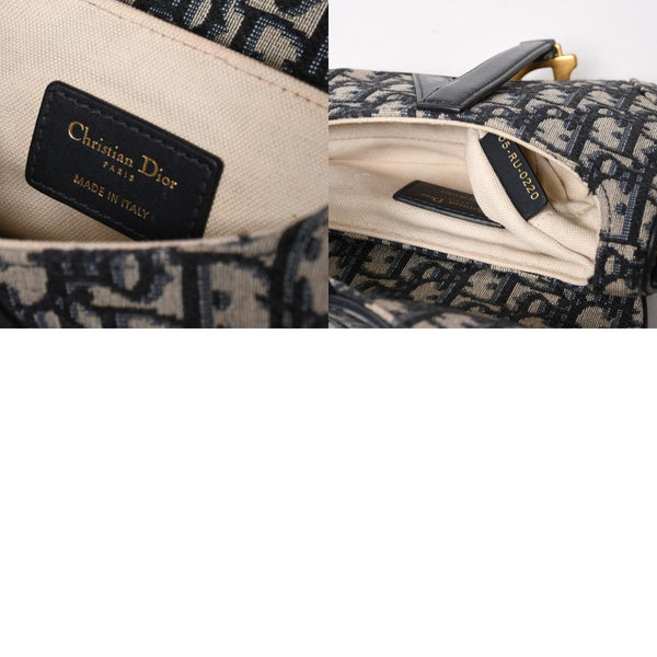 極美品 Christian Dior クリスチャンディオール オブリークサドルバッグ キャンバス×レザー ハンドバッグ ネイビー ゴールド金具 中古 4a004720