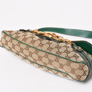 極美品 GUCCI グッチ ショルダーバッグ GGキャンバス ホースビットチェーン ゴールド金具 レザー グリーン 159402 中古 4a004504