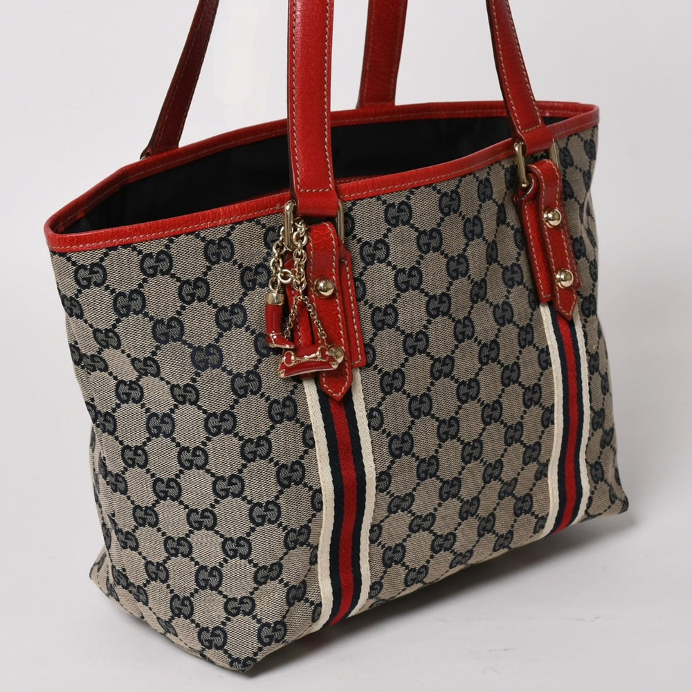 極美品 GUCCI グッチ Tote Bag トートバッグ GGキャンバス シェリーライン 137396 ブラウン レッド ゴールド金具 中古 4a004595