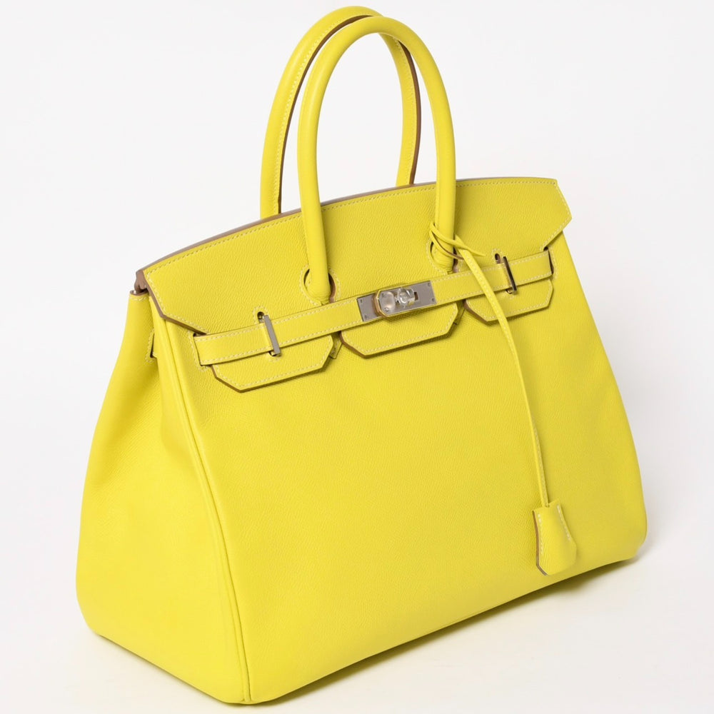 Mint condition, extremely rare HERMES Birkin 35 handbag. ◻*N stamp, silver hardware, Epsom leather, Candy Birkin, lime green, pre-owned, 4a004505