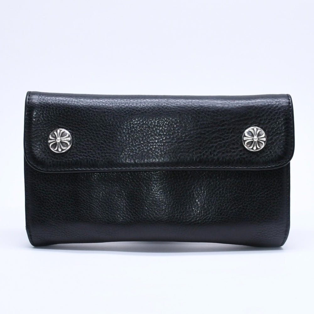 CHROME HEARTS クロムハーツ WAVE CROSS BALL ウェーブ クロスボールボタン レザーウォレット 長財布 ダガー ブラック 良品 中古 4a004543