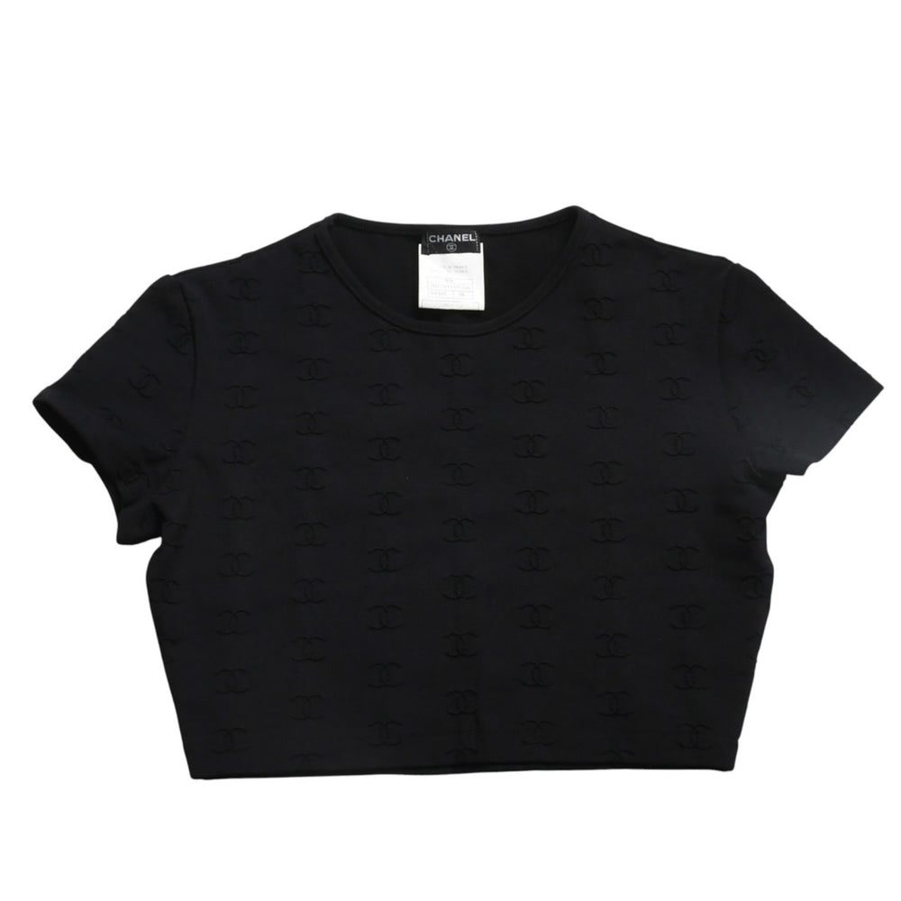 極美品 CHANEL シャネル 97SS クロップド 半袖Tシャツ チビT P07794V05398 サイズ38 ココマーク ナイロン スパンデックス 総柄 中古 4a004694