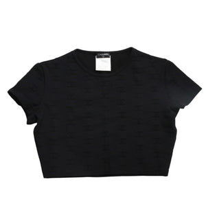極美品 CHANEL シャネル 97SS クロップド 半袖Tシャツ チビT P07794V05398 サイズ38 ココマーク ナイロン スパンデックス 総柄 中古 4a004694