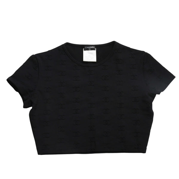 極美品 CHANEL シャネル 97SS クロップド 半袖Tシャツ チビT P07794V05398 サイズ38 ココマーク ナイロン スパンデックス 総柄 中古 4a004694