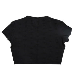 極美品 CHANEL シャネル 97SS クロップド 半袖Tシャツ チビT P07794V05398 サイズ38 ココマーク ナイロン スパンデックス 総柄 中古 4a004694