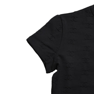 極美品 CHANEL シャネル 97SS クロップド 半袖Tシャツ チビT P07794V05398 サイズ38 ココマーク ナイロン スパンデックス 総柄 中古 4a004694