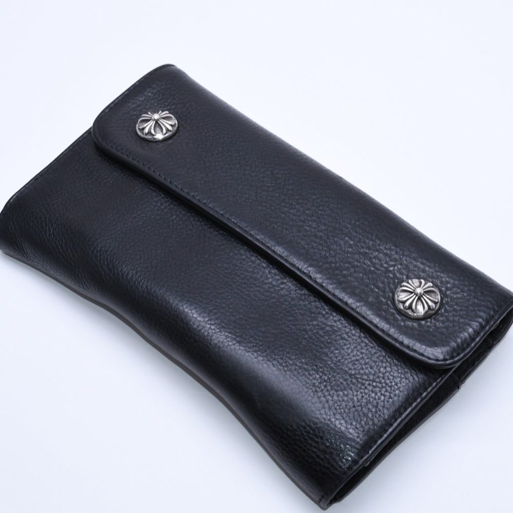 CHROME HEARTS WAVE CROSS BALL Wave Cross Ball Button Leather Wallet Long Wallet Dagger Black Good Used 4a004543