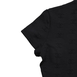 極美品 CHANEL シャネル 97SS クロップド 半袖Tシャツ チビT P07794V05398 サイズ38 ココマーク ナイロン スパンデックス 総柄 中古 4a004694