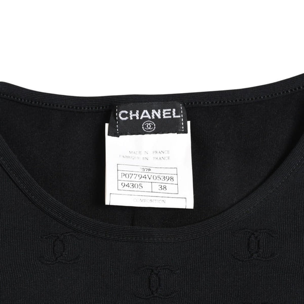 極美品 CHANEL シャネル 97SS クロップド 半袖Tシャツ チビT P07794V05398 サイズ38 ココマーク ナイロン スパンデックス 総柄 中古 4a004694