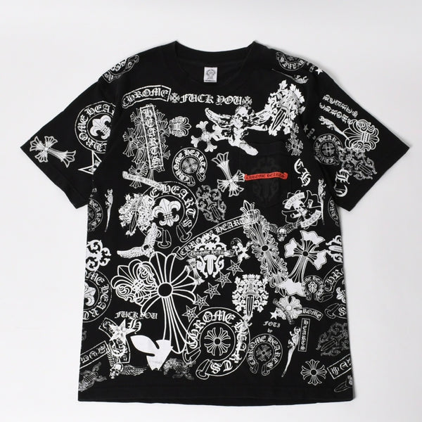 CHROME HEARTS クロムハーツ ポケットTシャツ CHクロス セメタリークロス ホースシュー ダガー スター スクロールロゴ フォティ ブラック Lサイズ 美品 中古 4a004550
