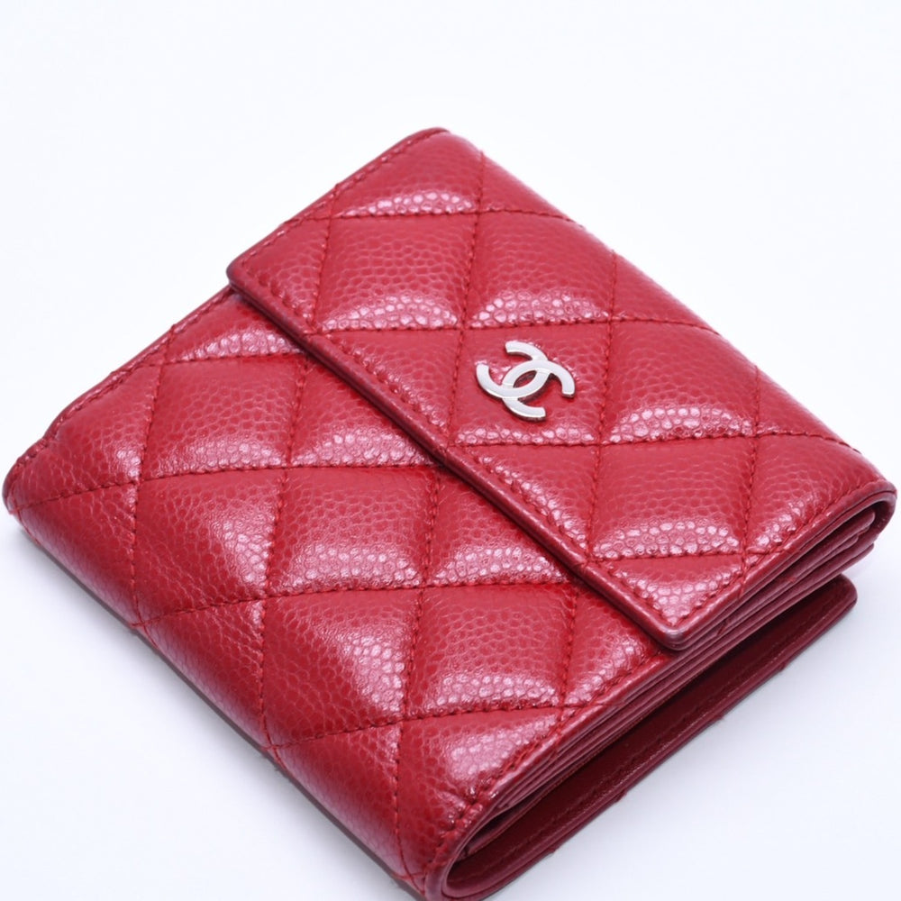 CHANEL Compact Wallet Bifold Wallet No. 16 Coco Mark Caviar Skin Red Silver Hardware Good Condition Used 4a004717