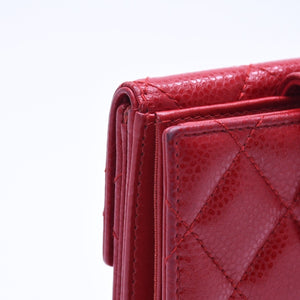CHANEL シャネル コンパクトウォレット 二つ折り財布 16番台 ココマーク キャビアスキン レッド シルバー金具 美品 中古 4a004717
