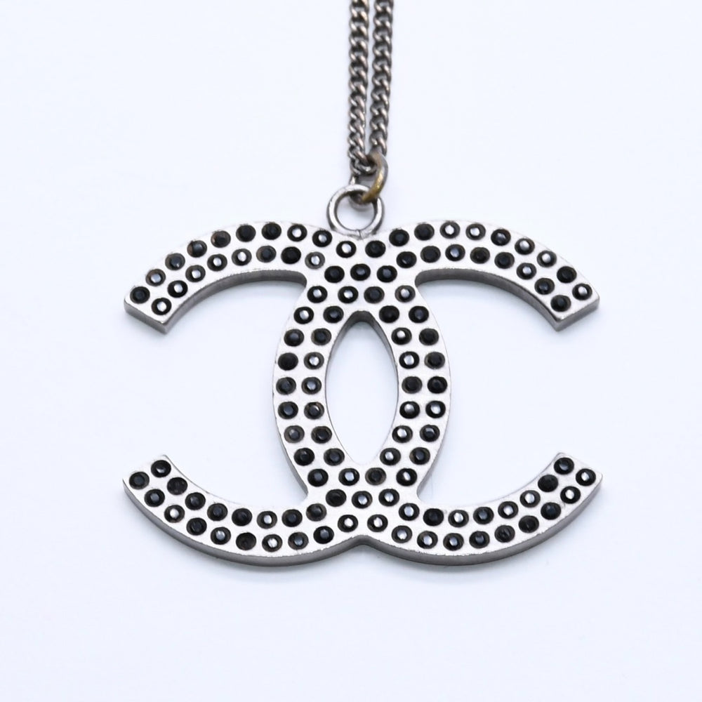 CHANEL Necklace Coco Mark Black Rhinestone Silver Metal Weight approx. 14.06g Good Condition Used 4a004573