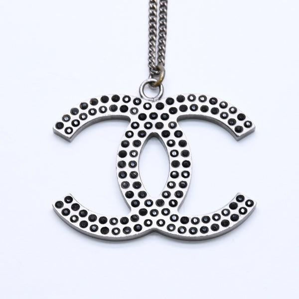 CHANEL Necklace Coco Mark Black Rhinestone Silver Metal Weight approx. 14.06g Good Condition Used 4a004573