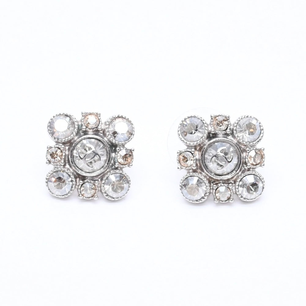 CHANEL Earrings Round Big Stone 09C Engraved Weight Approx. 6.55g Silver Color Rhinestone Good Condition Used 4a004567