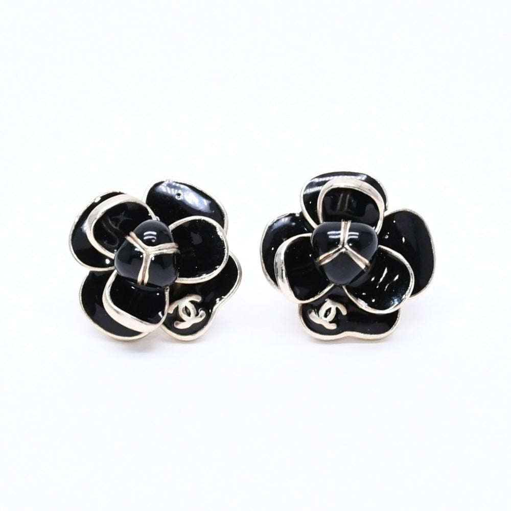 CHANEL Earrings Black Gold Camellia Motif 19V Engraved Weight Approx. 12.17g Good Condition Used 4a004566