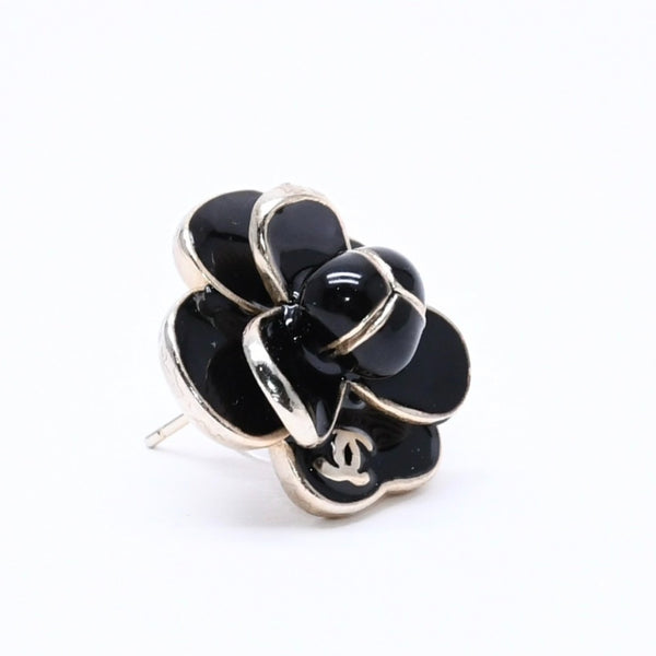 CHANEL Earrings Black Gold Camellia Motif 19V Engraved Weight Approx. 12.17g Good Condition Used 4a004566