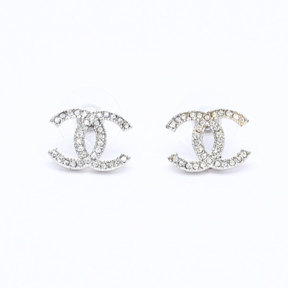 CHANEL Earrings Coco Mark Coco Mark A14V engraved Weight approx. 2.65g Rhinestone Silver Good Condition Used 4a004569