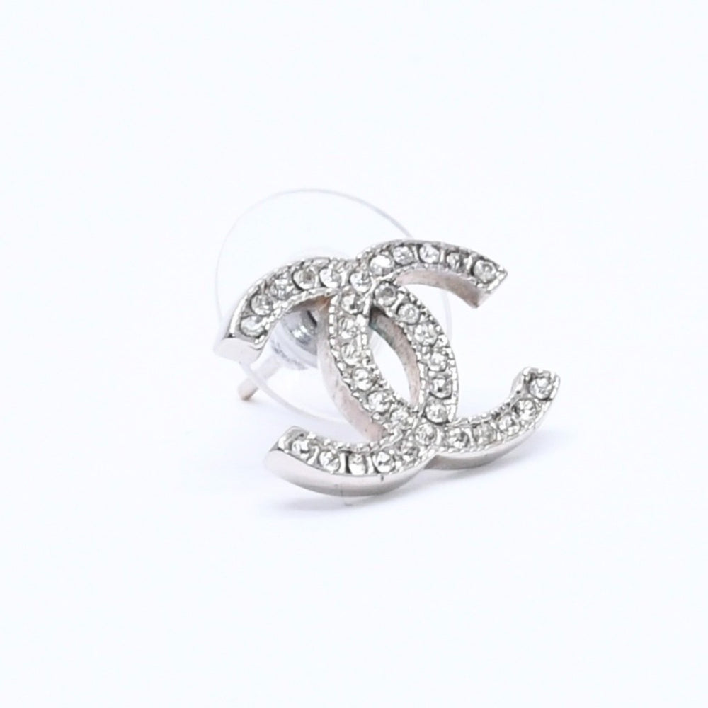 CHANEL Earrings Coco Mark Coco Mark A14V engraved Weight approx. 2.65g Rhinestone Silver Good Condition Used 4a004569
