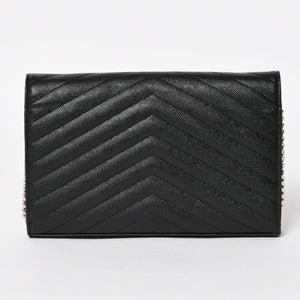 極美品 SAINT LAURENT サンローラン カサンドラ レザー チェーンウォレット キャビアスキン ブラック シルバー金具 中古 4a004629