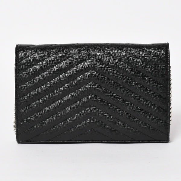 極美品 SAINT LAURENT サンローラン カサンドラ レザー チェーンウォレット キャビアスキン ブラック シルバー金具 中古 4a004629