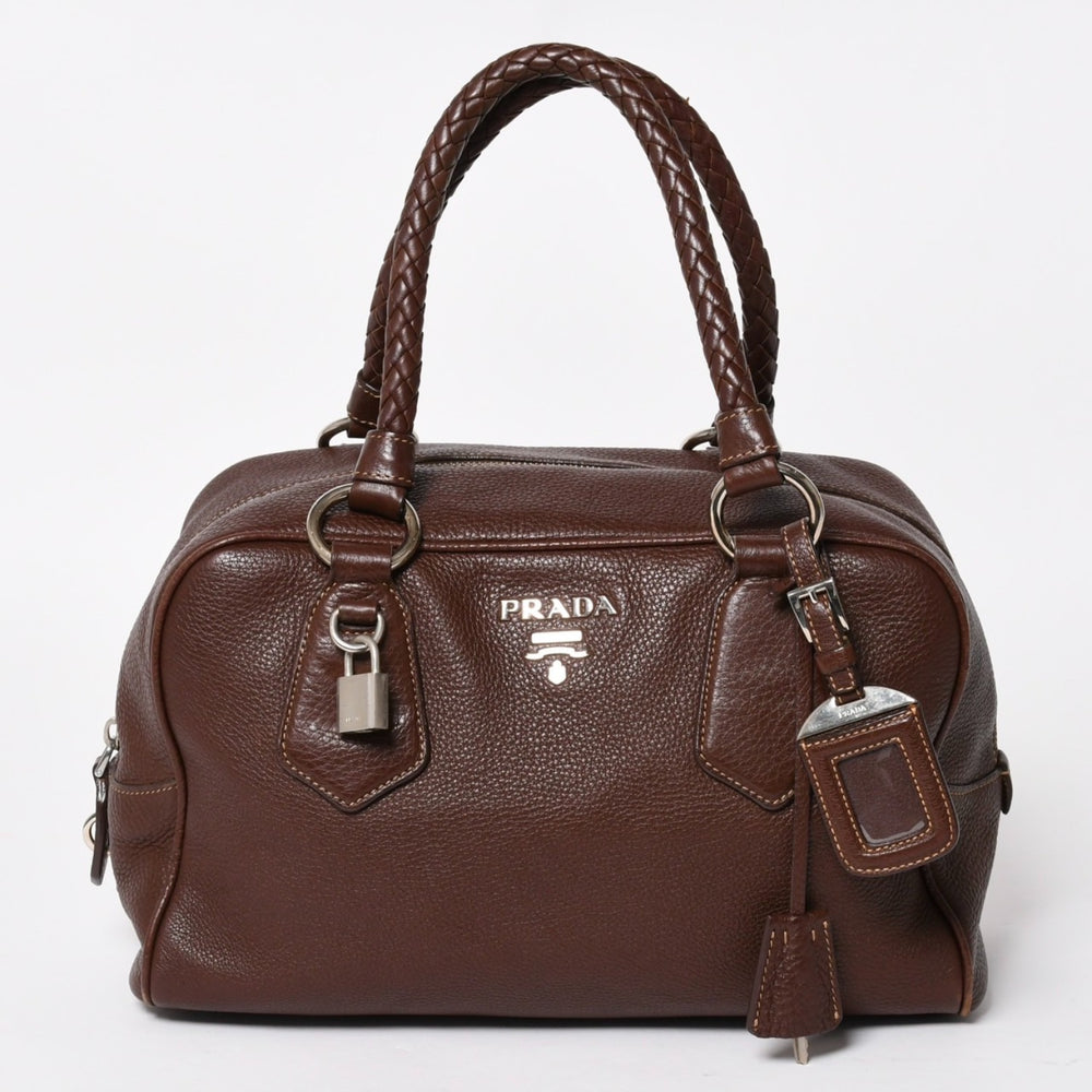 PRADA プラダ イントレチャート レザーミニボストンバッグ ブラウン イタリア シボ革レザー メタルロゴ ハンドバッグ シルバー金具 美品 中古 4a004501