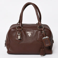 PRADA プラダ イントレチャート レザーミニボストンバッグ ブラウン イタリア シボ革レザー メタルロゴ ハンドバッグ シルバー金具 美品 中古 4a004501