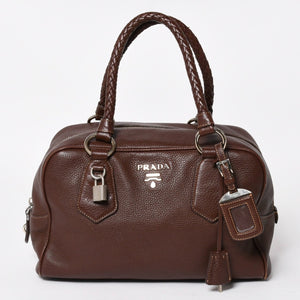 PRADA プラダ イントレチャート レザーミニボストンバッグ ブラウン イタリア シボ革レザー メタルロゴ ハンドバッグ シルバー金具 美品 中古 4a004501